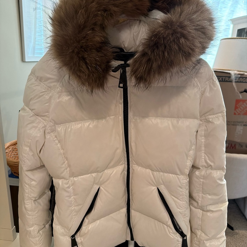 SAM. White Puffer Jacket with Brown Faux Fur Trim
